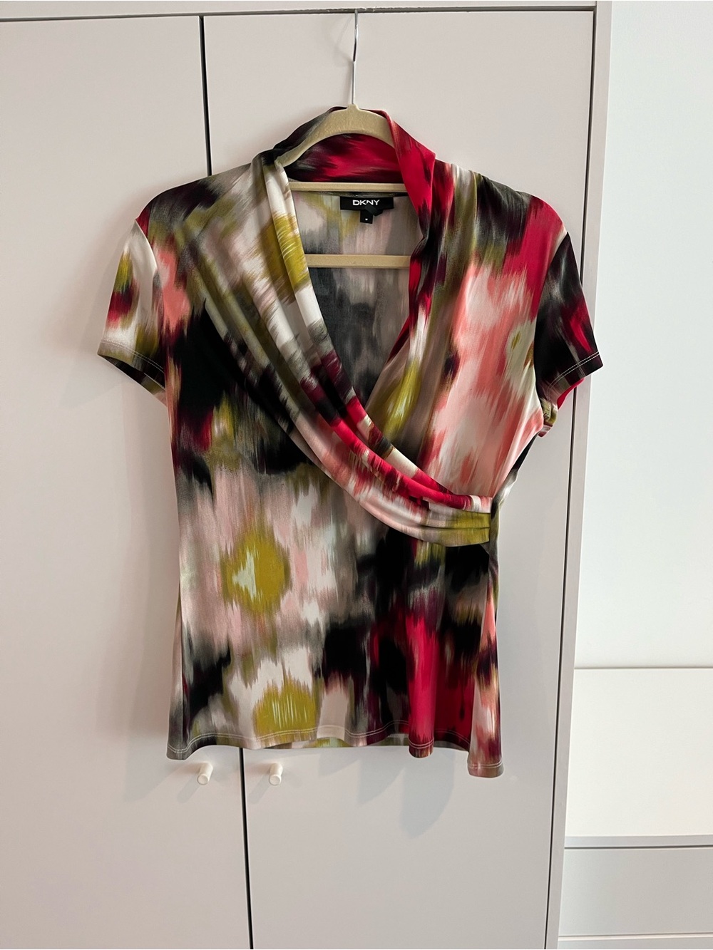 Dkny Pink Olive Black Abstract Ikat Print  Surplice Top
